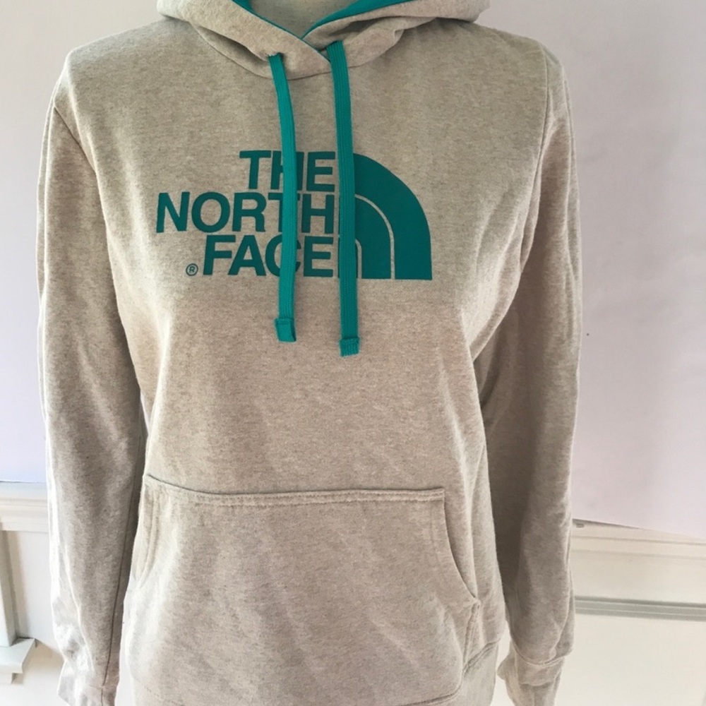 North Face Oatmeal Hoodie with Turquoise Graphics Hoodie